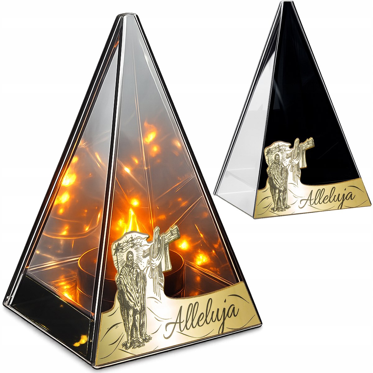 LED Grafsteen Lantaarn met Vlam Effect - Goud & Jezus