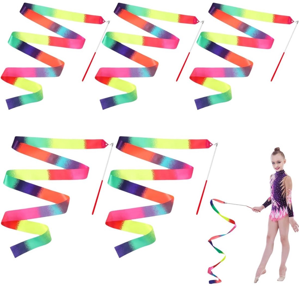 Dailygoods- Dansband Set van 5 - 2 m Gymnastiekbanden - Regenboogkleuren - Ritmische Sportgymnastiek - Kinderdansen - Hoogwaardige Zijde/Satijn. - Gymnastiekband