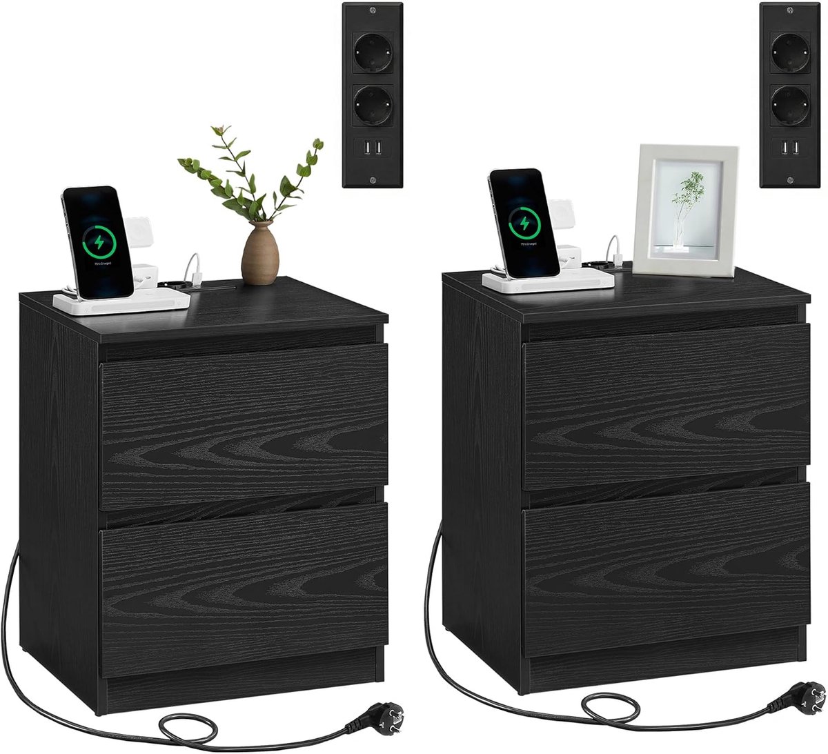 Nachtkastje met Stopcontacten en USB Poorten 40 x 35 x 49 cm – Set van 2 – Houten Bijzettafel met 2 Lades, Oplaadstation, Slaapkamerkastje, Bedtafel, Opbergkast, Industrieel Design Zwart Hout – Mobili Bella