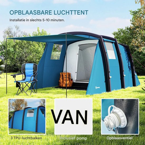 Opblaasbare tent - Opblaasbare glamping tent - Waterdicht - Tot 6 personen - Blauw - Camping - Tuin - Glamping - 4,4L x 2,8B x 1,95H m — afbeelding 4