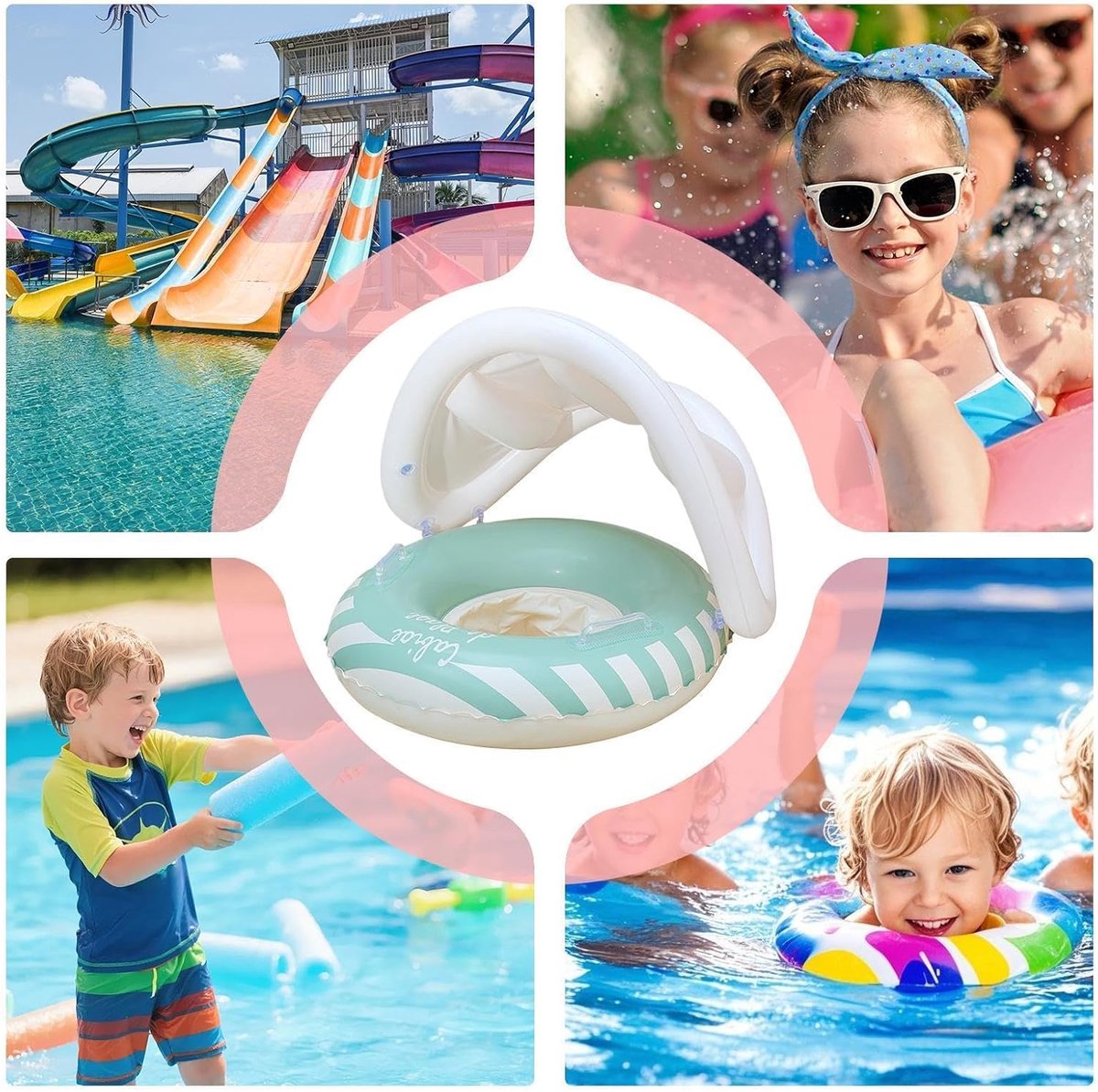 Opblaasbare zwemring - Drijfzitje baby - Waterpret kind - Met zonnekap - 55x52 cm - Groen – foto 5