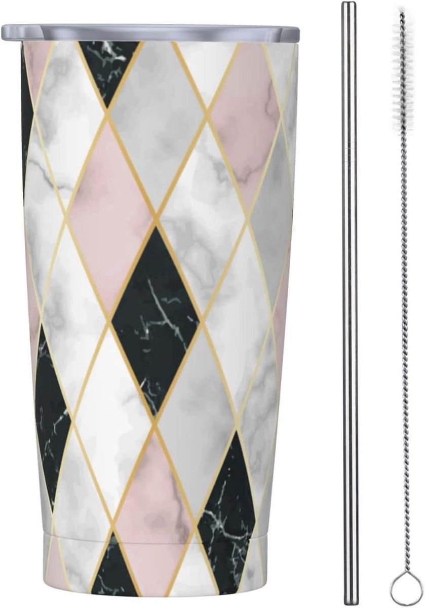 Reismok Roze Wit - Thermosbeker RVS - Dranken Meenemen - Lekvrij Deksel - 590ml Capaciteit - Zwart Marmer