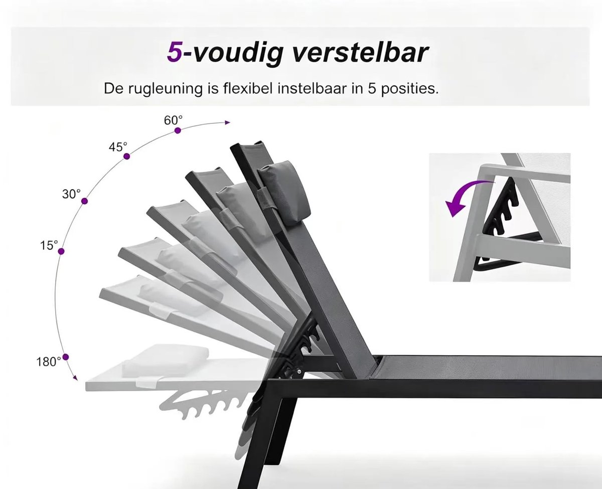 Purple Leaf Aluminium ligbedden met kussen - Set van 2 met bijzettafel - 188 cm - Grijs