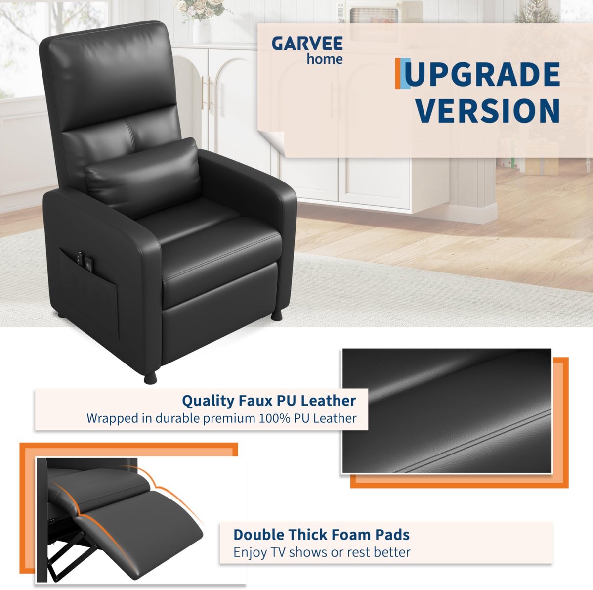 Relaxstoel Massagestoel Elektrisch, PU-Leder, Verstelbare TV Fauteuil met Voetensteun en Verwarming, Luxe Ligstoel voor Woonkamer, Slaapkamer, Kantoor, Zwart – foto 3