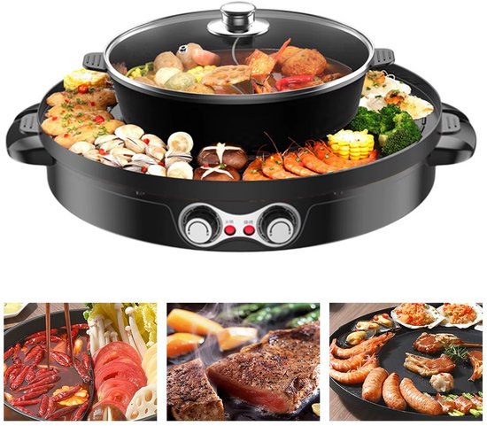 JOYNEXTBUY - 2-in-1 Elektrische Hot Pot & Grill - Dubbele Temperatuurregeling - Anti-aanbaklaag - Zwart - BBQ, Steak & Hotpot — afbeelding 4