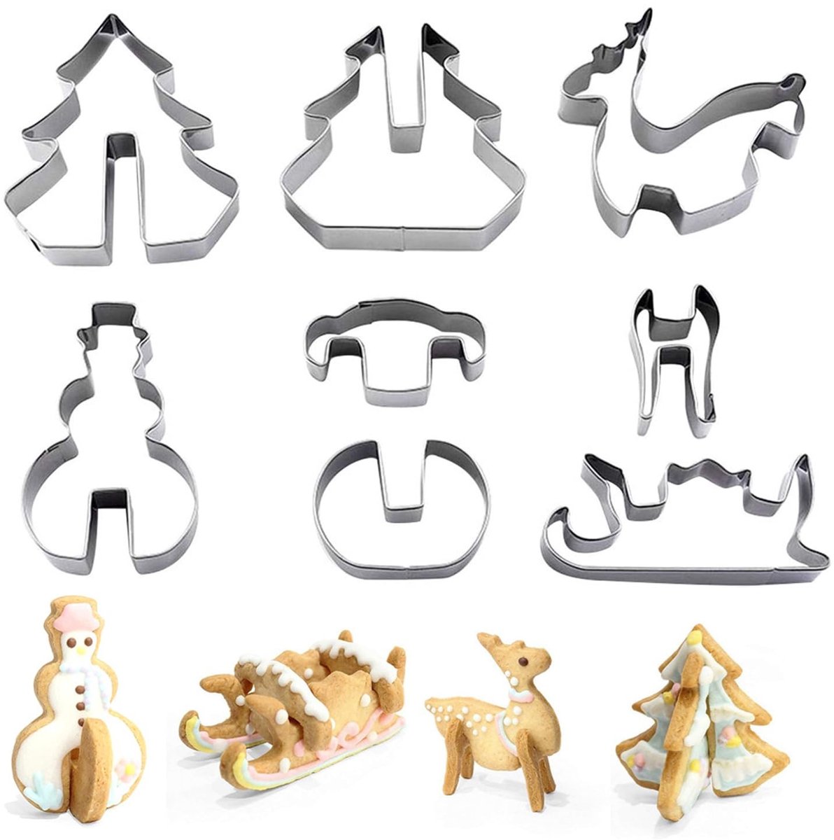 Dailygoods- Kerstkoekjessnijderset 8 Stuks - Roestvrij Stalen Koekjesvormen - Duurzaam - Voor Bakken - Kerstboom/Rendier/Sneeuwpop/Slee - Makkelijk Schoon te Maken - Koekjesvormpjes
