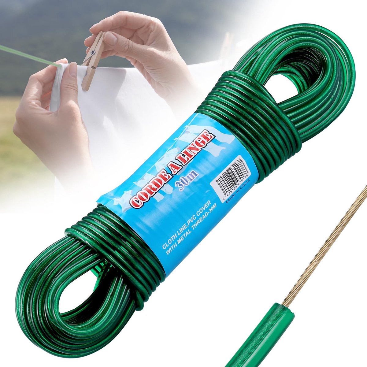 Dailygoods - Waslijn voor Buiten - Zware Toepassingen - 30 Meter - Groen - Roestvrij en Waterdicht - Tot 120 Kg Belastbaar - Ideaal voor Balkon en Tuin