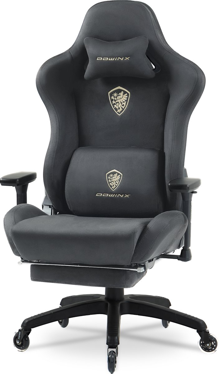 Dowinx Gamingstoel – Massage lendenkussen – Microvezel – Voetensteun – 160° verstelbaar – Grijs