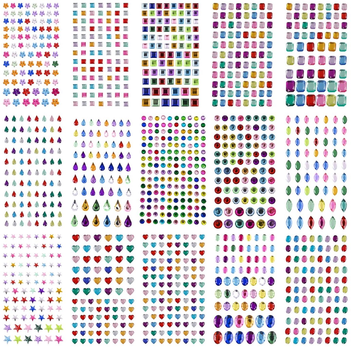 Dailygoods- Diamantstickers 15 Vellen - Zelfklevende Decoratieve Rhinestones - Kleurrijke Stickers - Diverse Vormen - Geschikt voor Kinderen - Gemaakt van Acryl - Decoratiestickers