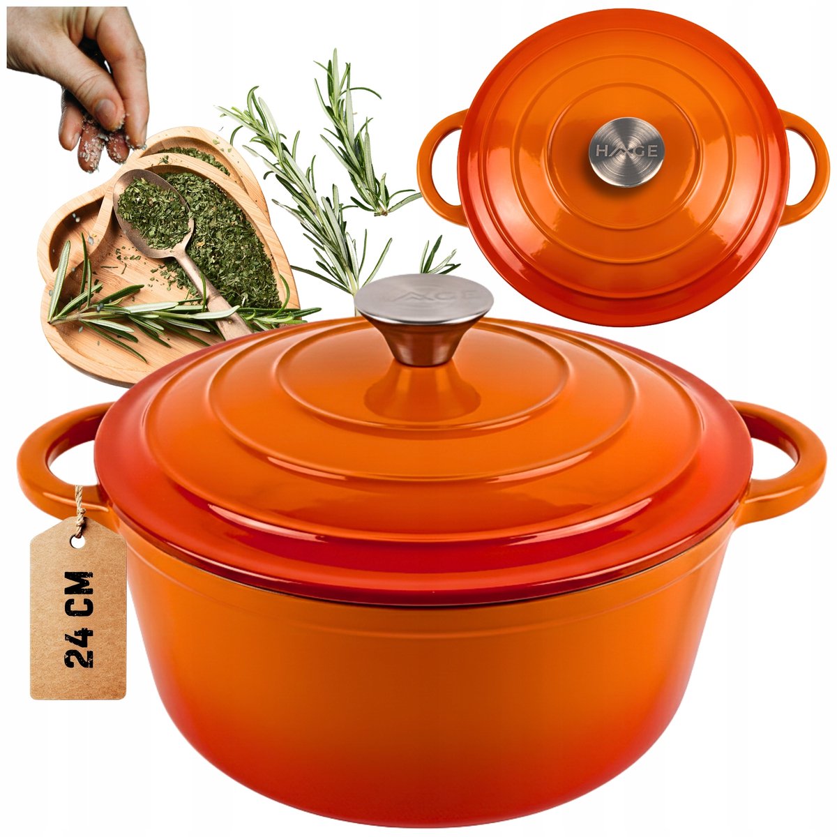 Gietijzeren Pan met Deksel 4L - Oranje, 24cm - Geschikt voor Gas, Inductie, Oven