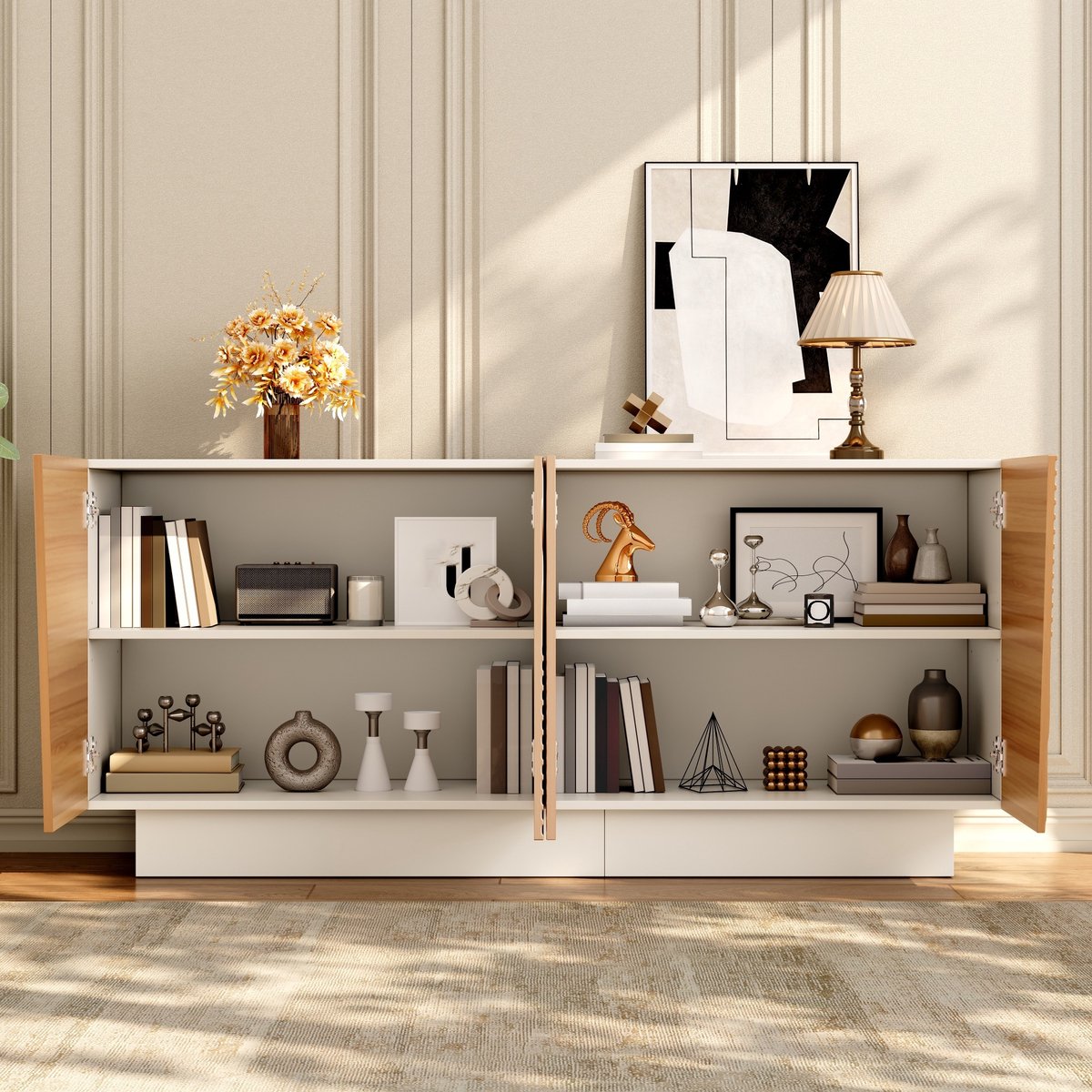 MIVRAY Dressoir - Geometrische Front Met 4 Deuren En Verstelbare Planken - Voor Woonkamer En Hal - MDF En Spaanplaat - Wit Naturel Natural,White