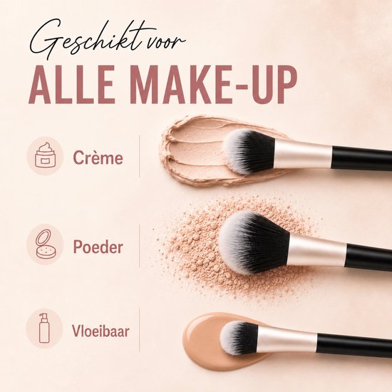 Drie make-upkwasten tonen applicaties van crème, poeder en vloeibare foundation.