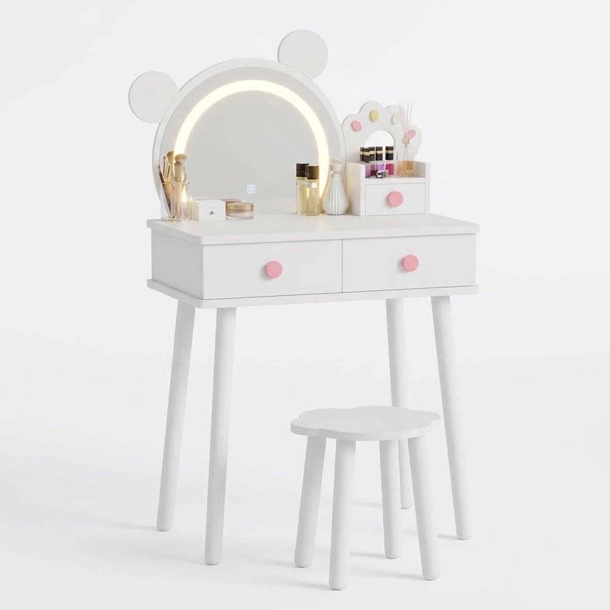 Kinderkaptafel met ledspiegel in de vorm van een teddybeer – Prinsessenkaptafel met opberglades en krukje met bloemenprint – Meisjeskamermeubels – Wit