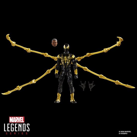 Iron Spider actiefiguur op zwarte achtergrond met vier gele robotarmen, inclusief extra hoofd en handen.