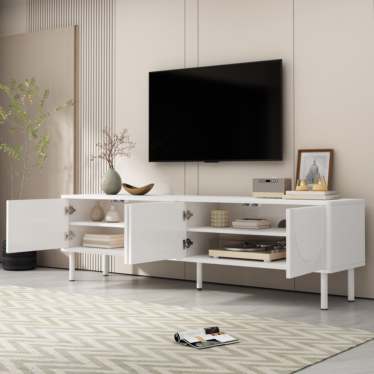 FloraGrace Tv Meubel - Modern Lowboard Met Kabeldoorvoer En 4 Vakken - Voor Woonkamer En Slaapkamer - MDF En Spaanplaat - 180x40x52 Cm - Wit
