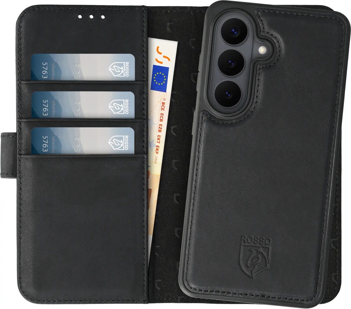 Rosso Elite Hoesje Geschikt voor Samsung Galaxy S26 | Compatibel met MagSafe / Qi2 | Book Case en Back Cover | Magnetisch Uitneembaar | Echt Leer Beschermhoes met Pasjeshouder | Zwart