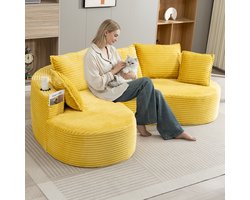 L-Bank, 3-Zitsbank, Zachte, Ademende Corduroy Bank met Bekerhouder en Opbergvak, Hoogwaardig Schuim voor Comfortabel Zitten, Inclusief Kussens – Samengeperst en Klaar voor Gebruik, Perfect voor Elke Woonkamer-Geel