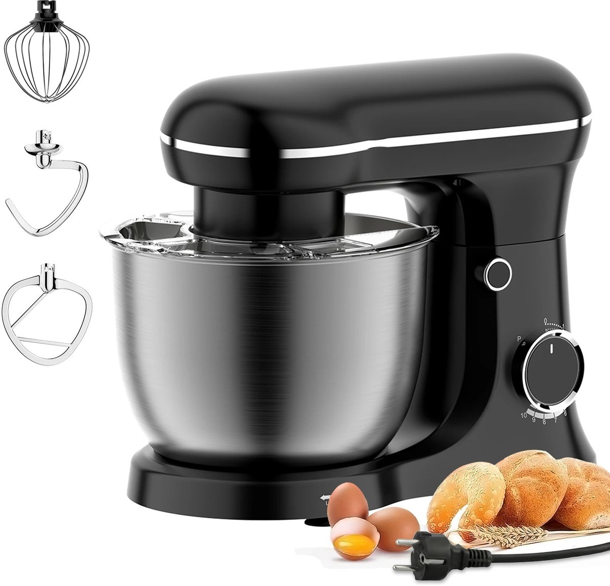 Jurrys Keukenmachine 1500W – Keukenmixer met 5L RVS Kom – 10 Snelheden – Inclusief Deeghaak, Garde & Klopper – Foodprocessor