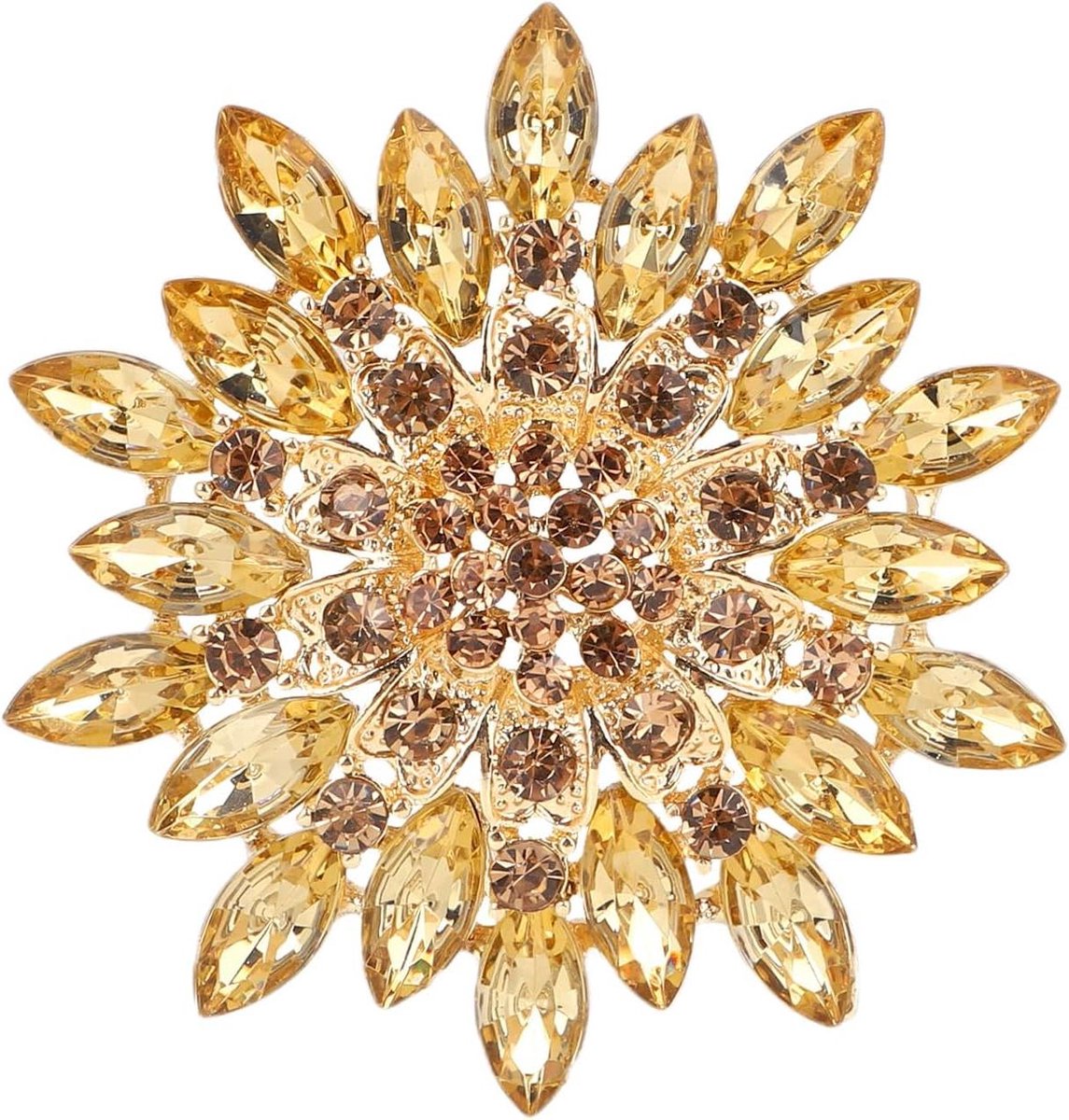Bloemen Broche - Zonnebloem Speld - Kleding Versieren - Gouden Kristal - 7 cm Diameter - Goud