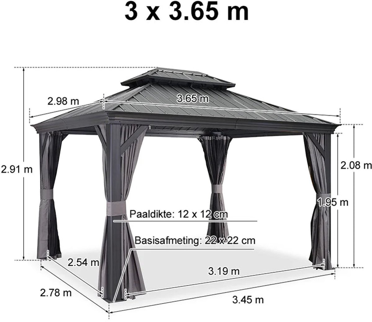 Purple Leaf Hardtop pavillon 3,65 x 3 m - gris luxe avec éclairage