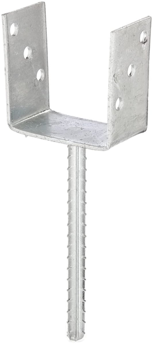 U-vormige paalsteun met betonanker, geribbeld staal, 91 mm breed, CE-gecertificeerd, paalsteun van thermisch verzinkt staal voor inbedding in beton, U-profielstaal, grondanker, balkschoen, U-hoek, U-staal
