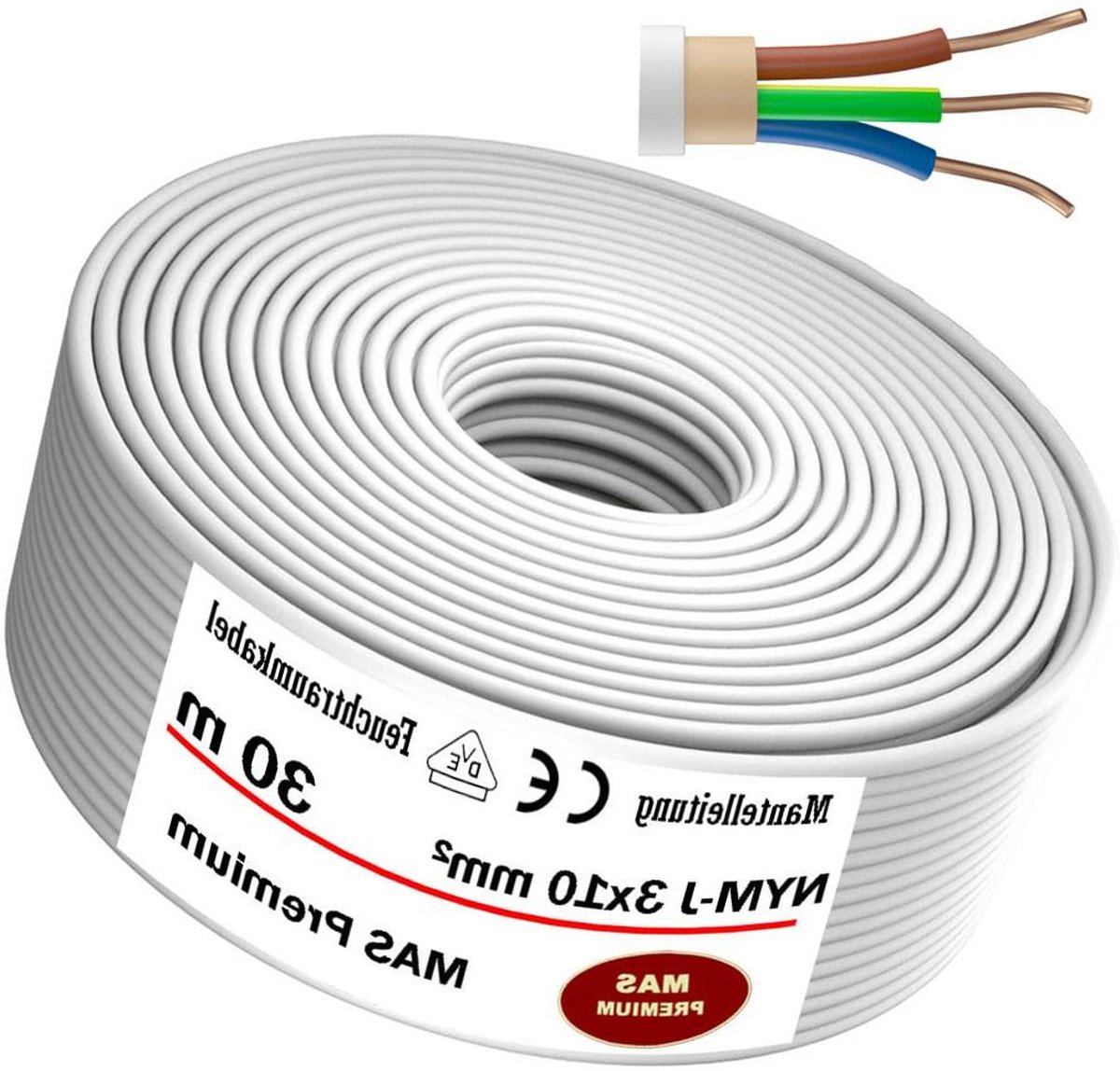 Netstroomkabel Vochtige Ruimtes - Mantel Kabel - Vaste Installatie - Voldoet aan VDE Norm - 3x10 mm² 30 Meter - Grijs