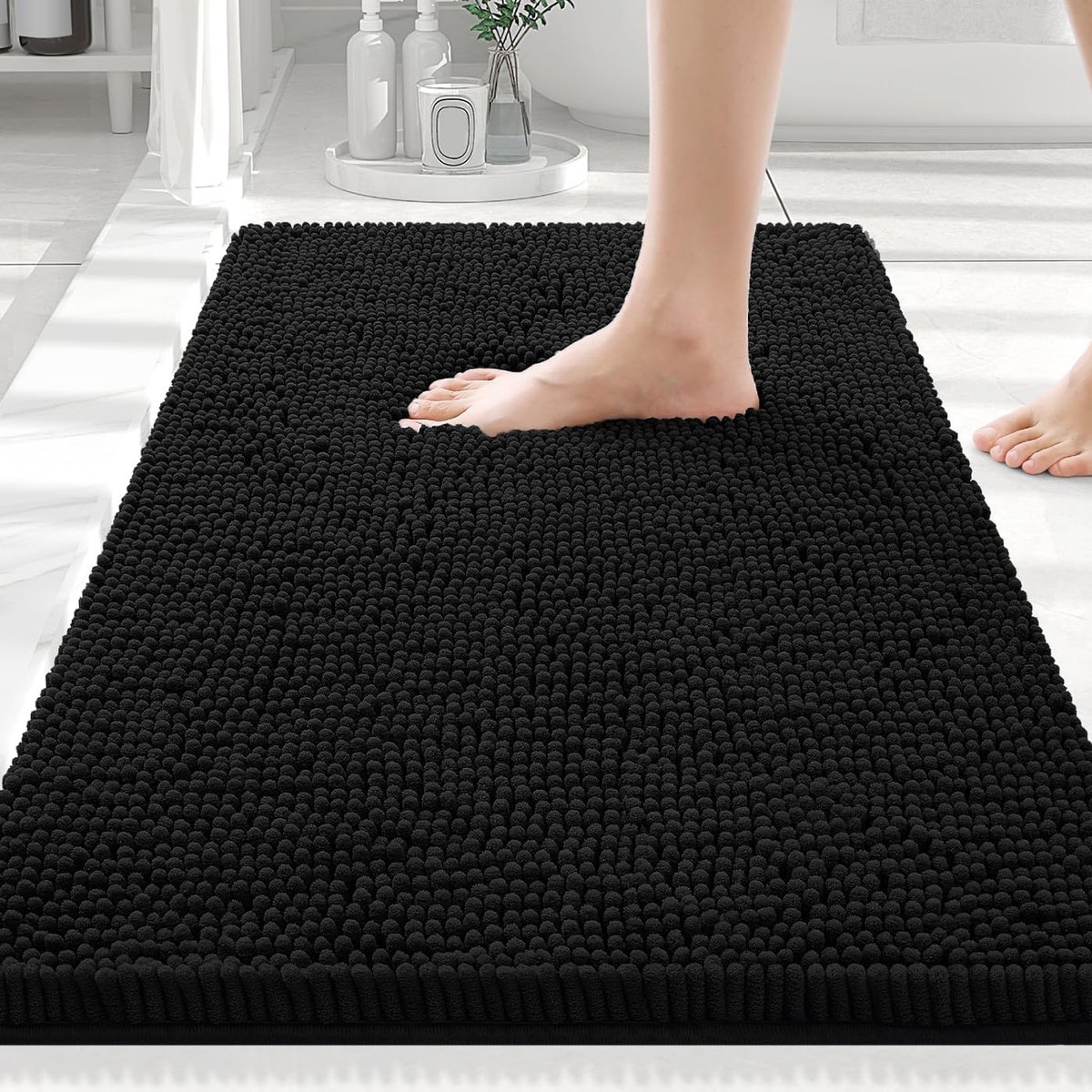 Badkamermat 40x60cm - Extra Zacht & Absorberend Pluche Badmat - Machinewasbaar Antislip - voor Bad, Douche, Vloer - Zwart Chenille - 1 Stuk