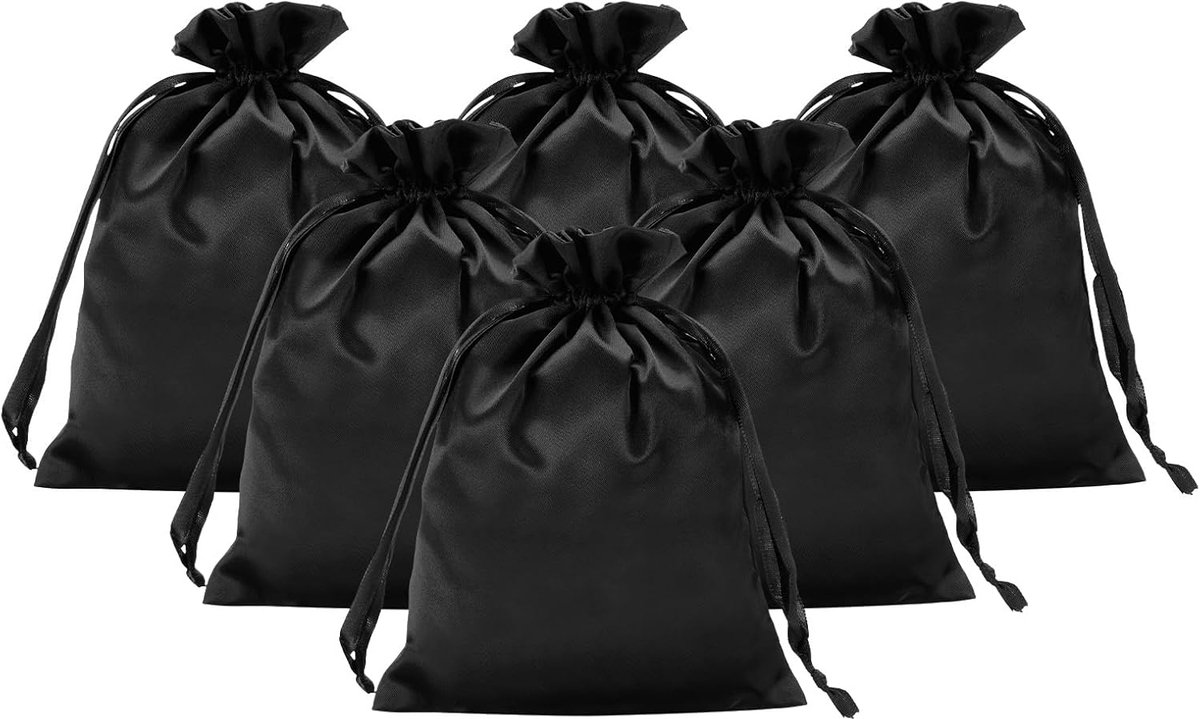 Satin Gift Bags - 6 Stuks - 20x15cm - Trouwen - Verjaardags- en Kerstcadeau - Trekkoordtassen voor Sieraden en Feesten - Zwart