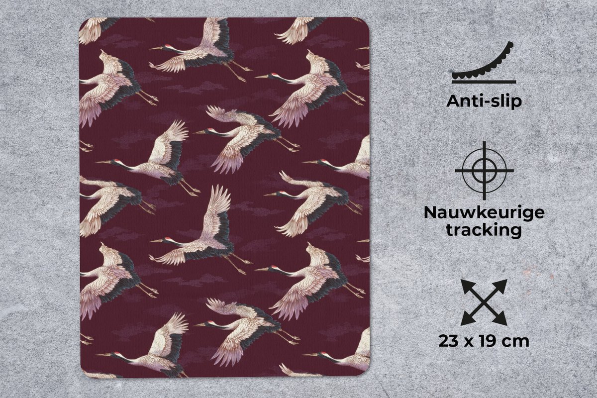 Muismat 12x16 cm - Mousepad Kraanvogels - Klassiek - Bordeaux - Muismatten