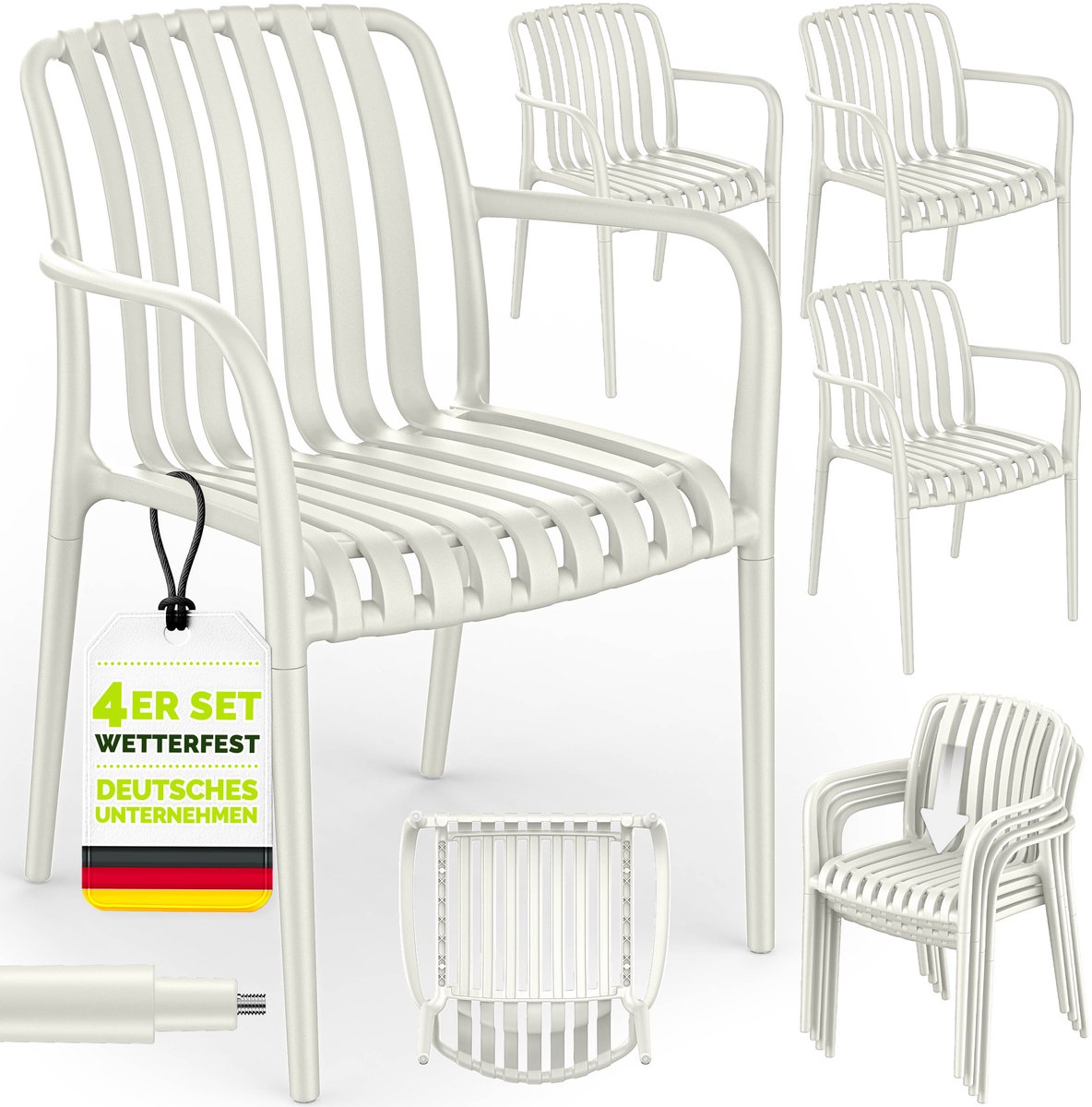tillvex® Tuinstoelen 4-delige Set Stapelbaar Weerbestendig met Armleuning | Outdoor Stoelen tot 120kg Belastbaar | Tuinstoelen Outdoor | Terrasstoel Tuinmeubelen Balkon Tuin Terras