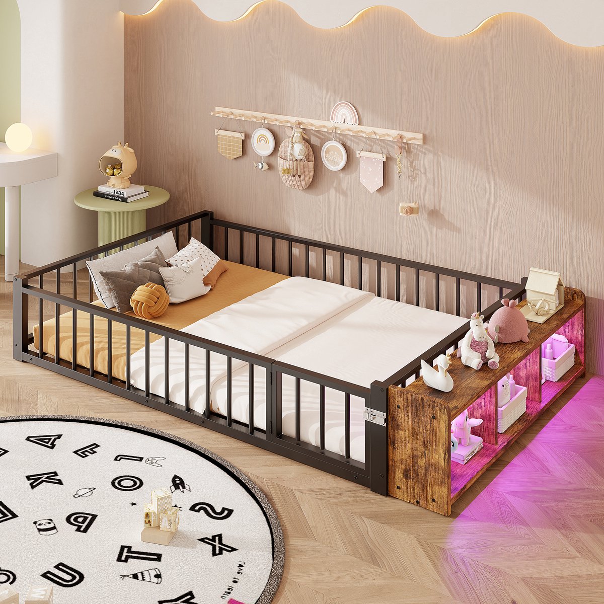 MODFU Kinderbed 140x200 cm – Met open opbergvak & LED – Beschermrand – Minimalistisch – Zwart