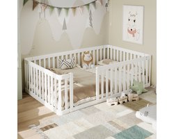 MODFU Kinderbed 90x200 cm – Vloerbed met Halfopen Hek – Laag & Veilig Ontwerp – Van Massief Grenenhout – Wit – Perfect voor Peuter & Kleuter – Zonder Matras