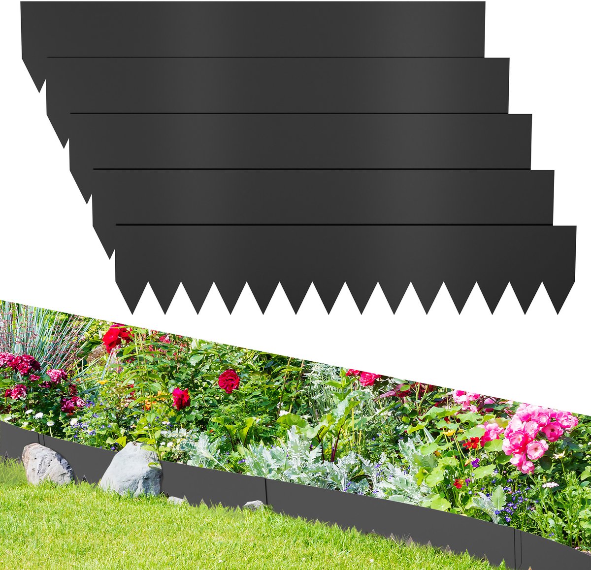 Froadp Zwart 5m x 20cm Verzinkte Metalen Rasenkant, Flexibele Grasmaairand met Klemmen, Weerbestendig & Roestvrij, Eenvoudig te Installeren