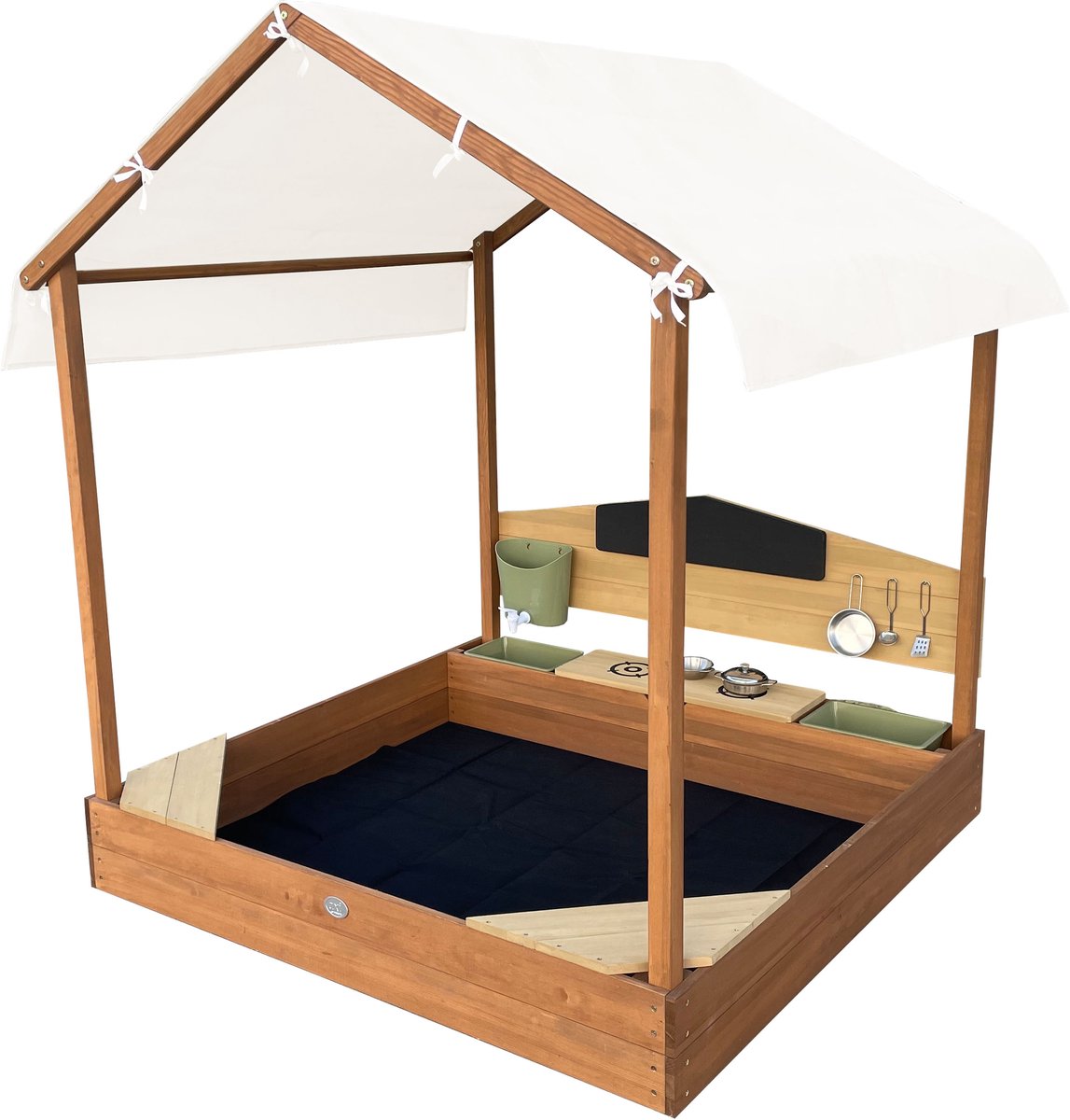 AXI Meli Zandbak & Speelhuisje 120 x 120 cm met Speelkeuken – Bruin - Met Dak – FSC hout – Met Krijtbord, Watertank en 6-delig Speelgoed Kookset – Met 2 Bankjes - Inclusief gronddoek – 10 jaar garantie — afbeelding 10