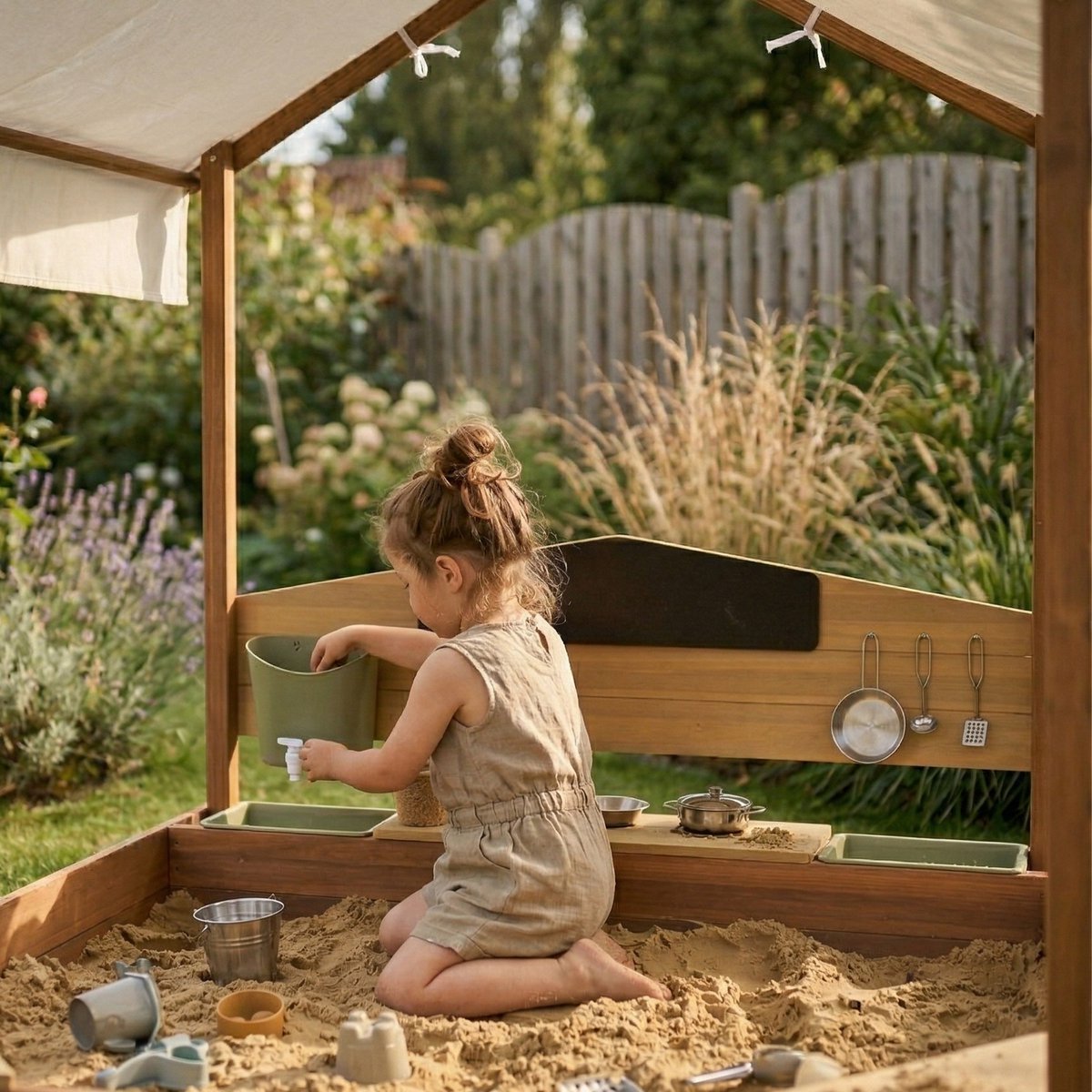AXI Meli Zandbak & Speelhuisje 120 x 120 cm met Speelkeuken – Bruin - Met Dak – FSC hout – Met Krijtbord, Watertank en 6-delig Speelgoed Kookset – Met 2 Bankjes - Inclusief gronddoek – 10 jaar garantie — afbeelding 6