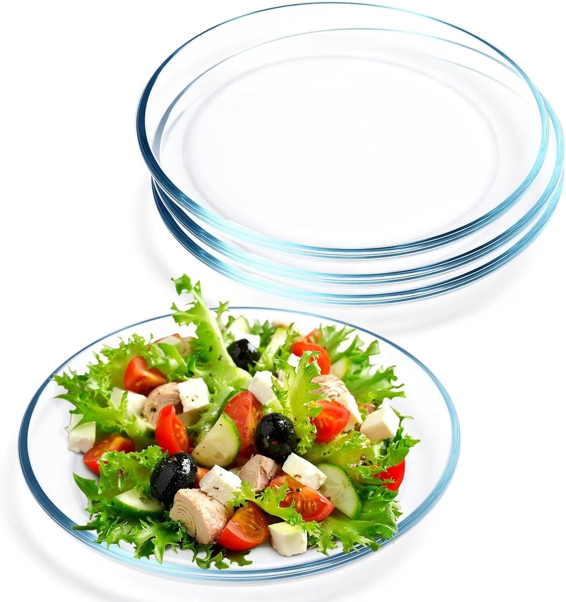 Set van 4 glazen dinerborden van 23 cm - helder, gehard glas, ideaal voor pasta, salade, vaatwasser- en magnetronbestendig