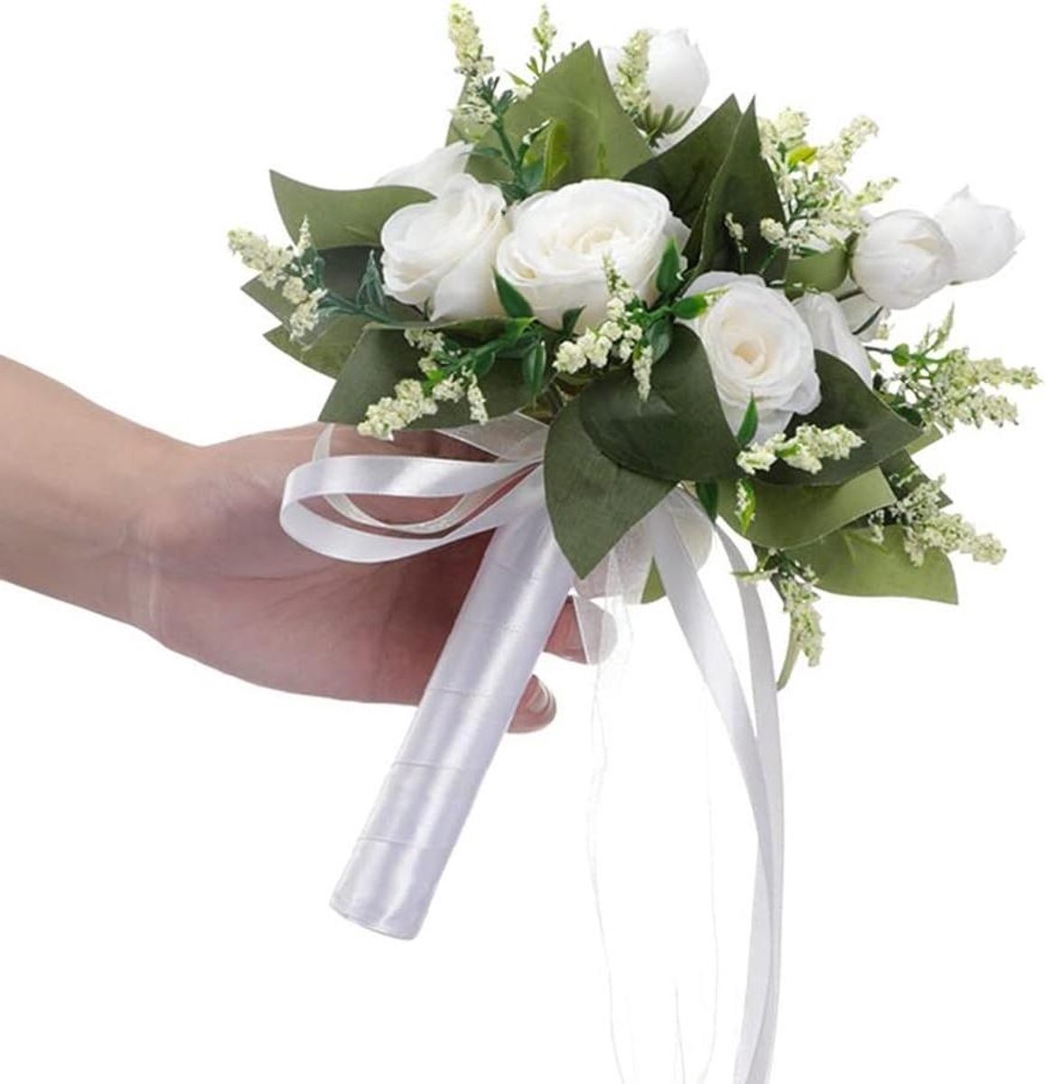 Bruidsboeket Kunstbloemen - Nepbloemen Bruid - Bruiloft Decoratie - Herbruikbaar Lint Handvat - 26cm x 22cm - Wit