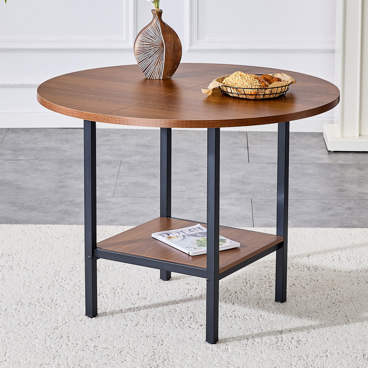 HAUSS SPOLE Eettafel - Ronde Tafel Met Opbergplank Voor 4 Tot 6 Personen - Voor Keuken En Eetkamer - MDF En Metaal - 100x100x77 Cm - Walnoot
