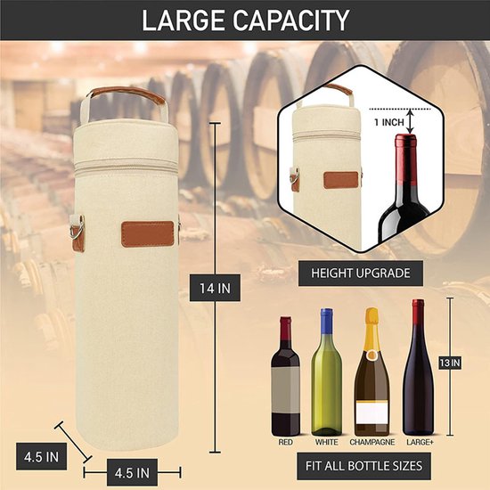 Wijntas voor 1 fles - geïsoleerde wijnkoeltas met handvat, herbruikbare draagtas voor picknick, strand, diner en onderweg - beige — afbeelding 2