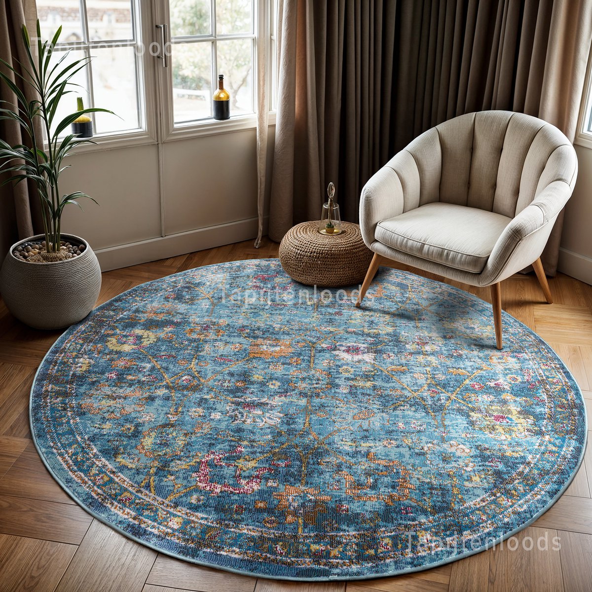 Muratap Picasso Sarough Vintage Rond Vloerkleed Blauw Laagpolig- 300 CM Ø Multikleur