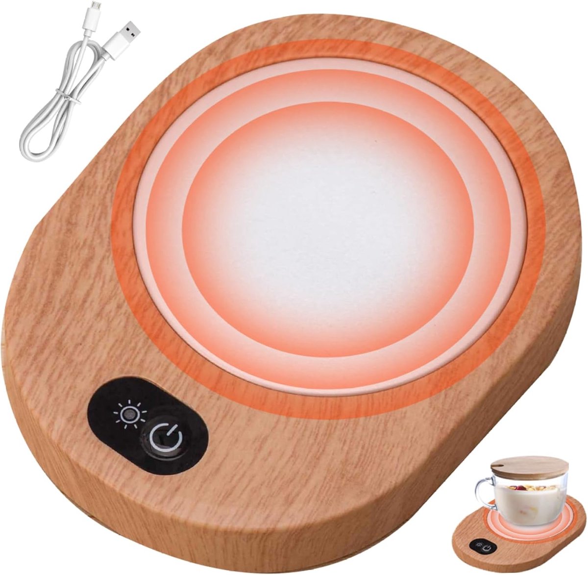 Verwarmde onderzetter / USB-mokverwarmer voor op het bureau – Houtlook – Constante temperatuur van 55-65°C – Geschikt voor koffie, cacao, melk en thee – Voor thuis en op kantoor – Werkt zonder batterijen