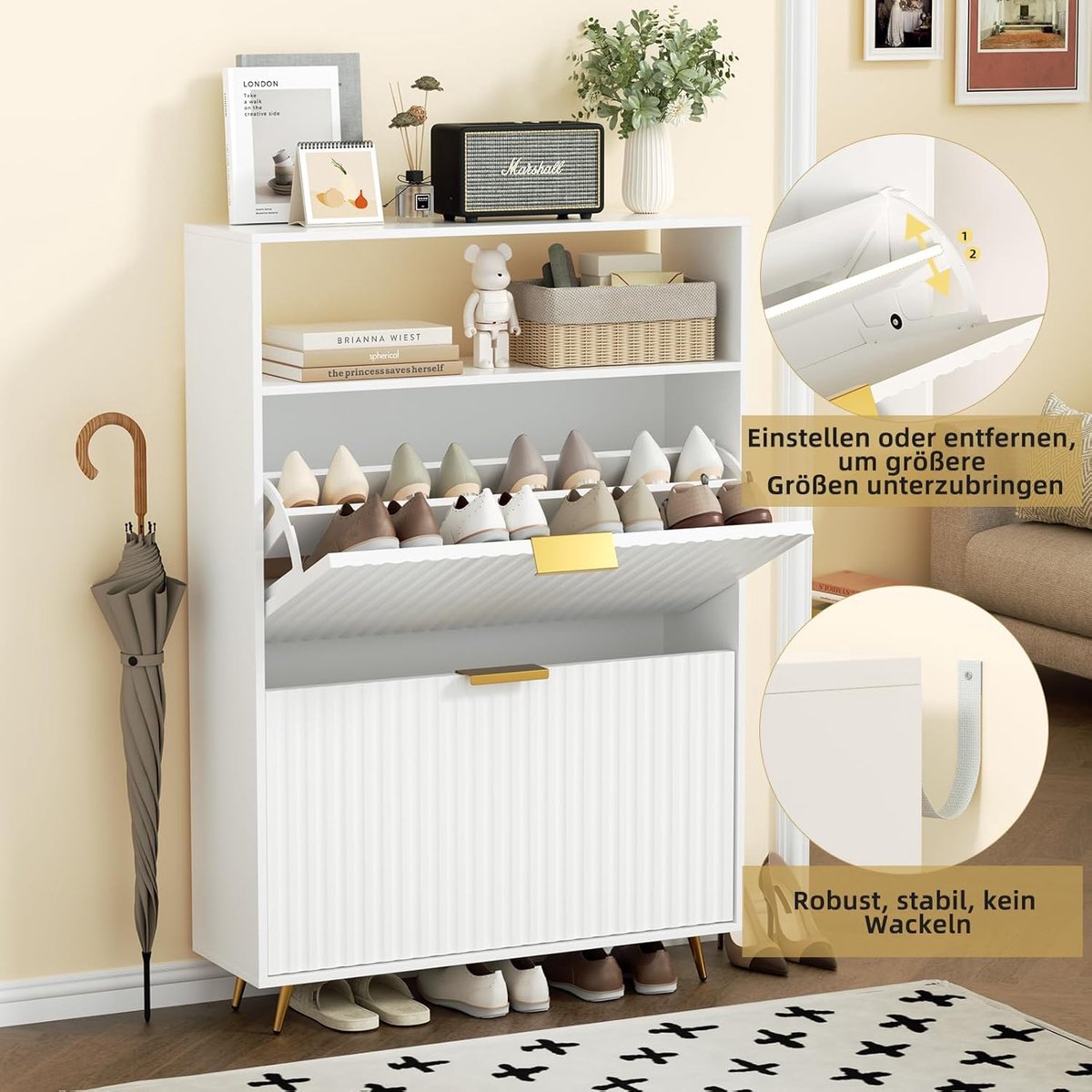 Schoenenkast smal wit 75x24x116 cm – House&Garden moderne schoenenkast met 2 kleplades & verstelbare legplanken – ruimtebesparende hal schoenenkast met metalen poten en gouden handgrepen – houten schoenenkast voor entree, gang & kleine ruimtes