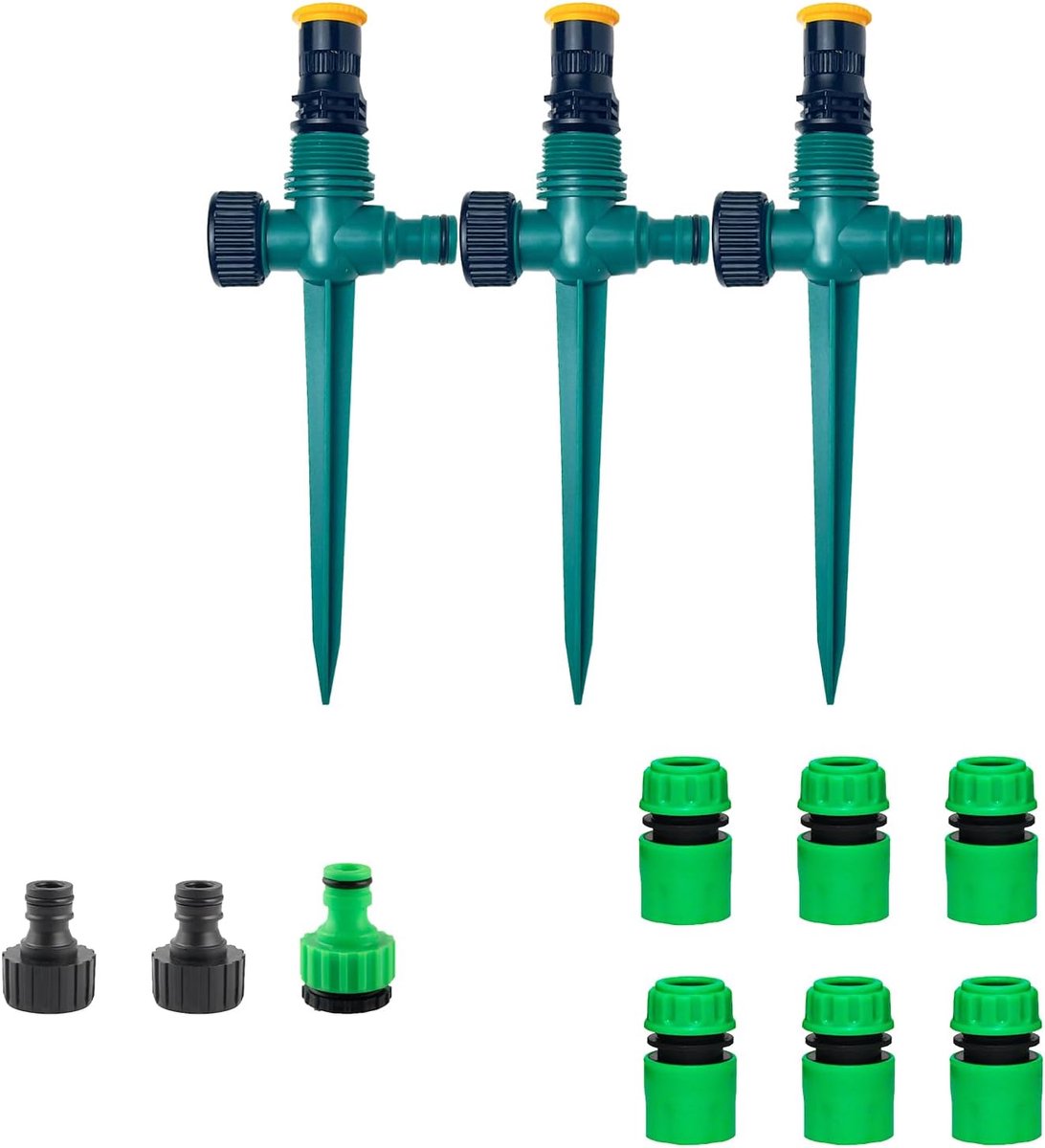 3 Stuks Tuinsproeier met Grondpen - Gazonsproeiers - Automatische Beregening Tuinsproeier - Automatische Besproeiing - 360° Draaibare - Inclusief Aansluitaccessoires - Voor Buiten, Tuin, Binnenplaats, Gazon Bewatering