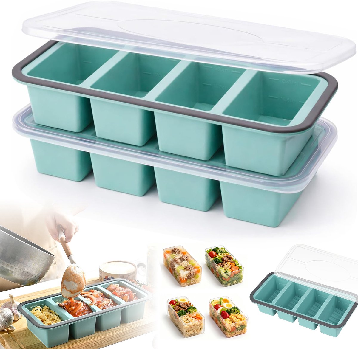 Siliconen Diepvriesbakjes - Meal prep bakje - 4 Vakken - 2 Stuks - Voedselveilig & Flexibel - Luchtdicht & Geurvrij - Geschikt voor Magnetron & Vaatwasser - Voor Babyvoeding & Maaltijdvoorbereiding