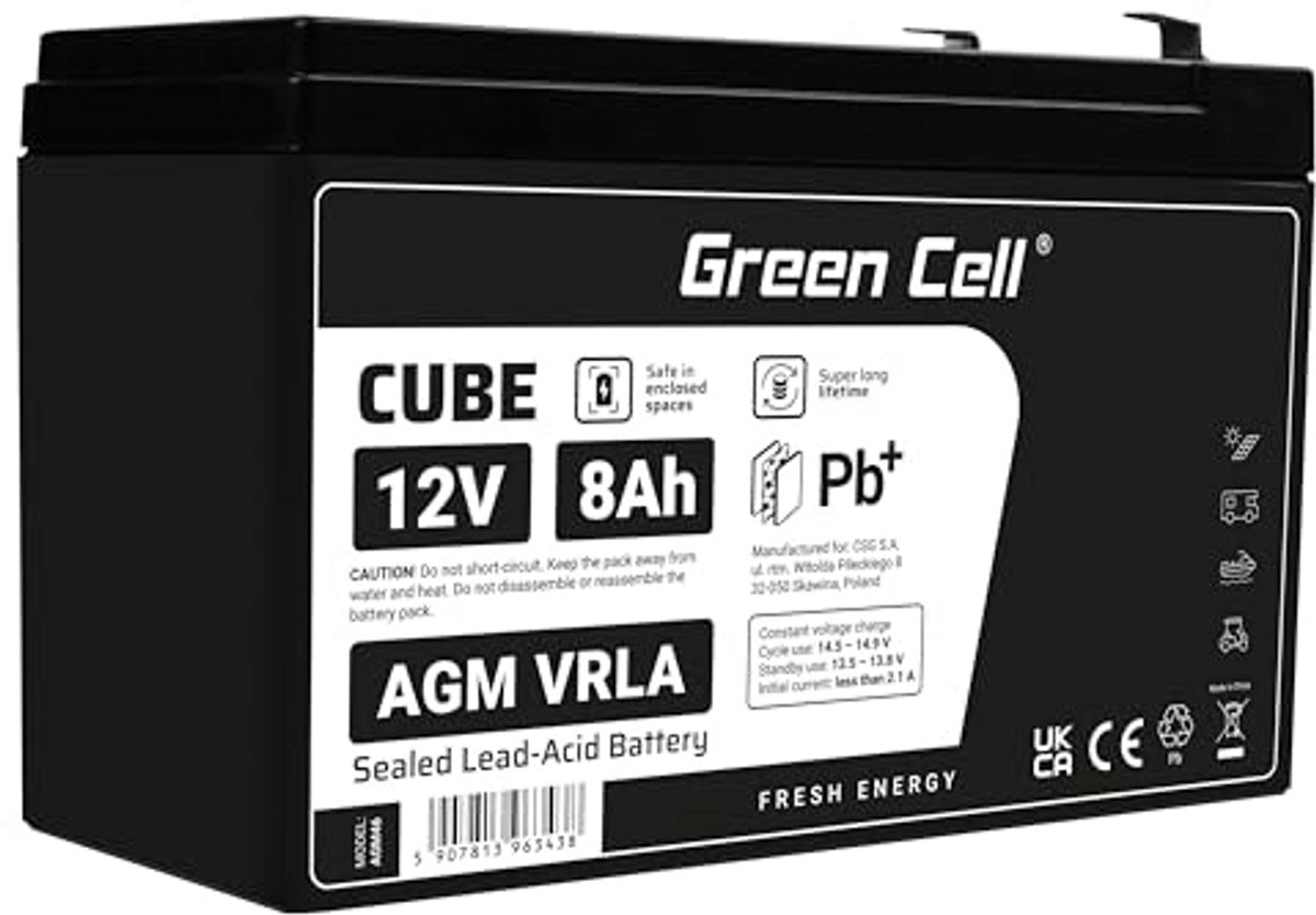 Oplaadbare Batterij - Loodgel Accu - Noodstroom Voorziening - Onderhoudsvrij - 12V 8Ah - Zwart
