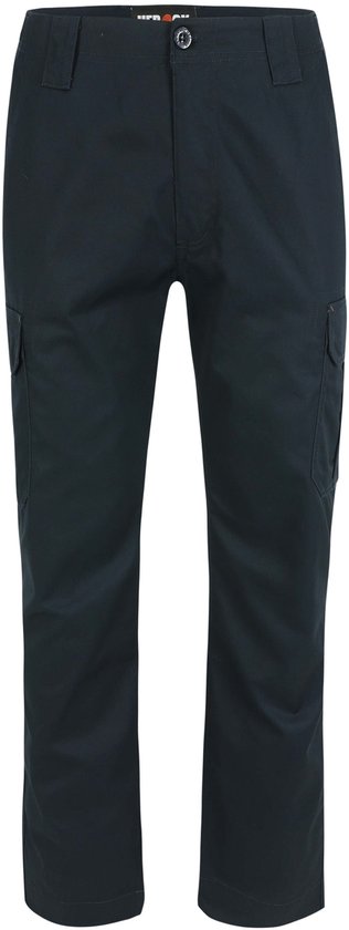Pantalon cargo bleu foncé avec des poches plaquées.