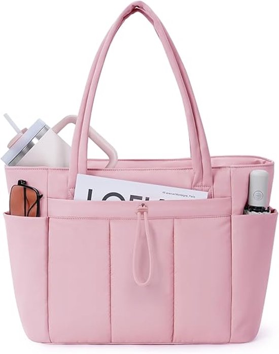 Sac fourre-tout rose pour femme avec plusieurs poches, contenant une tasse, un magazine et un parapluie.