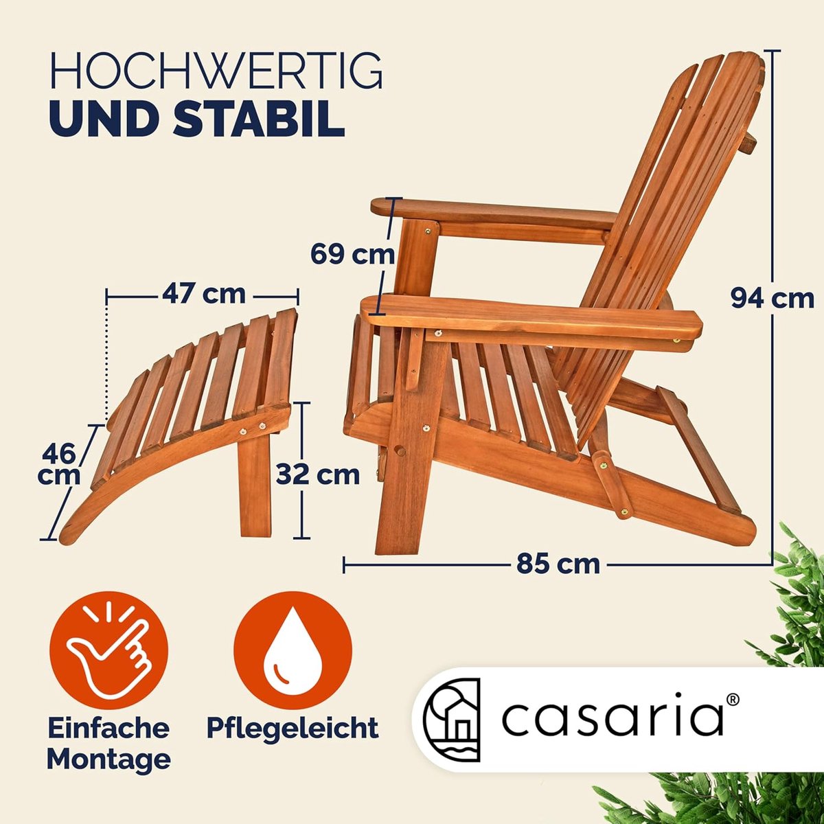 Luxe Adirondack Acacia Houten Tuinligstoel Set van 2 – Opvouwbare Weerbestendige Ligstoelen met Voetsteun & Armleuningen 131 x 69 x 94 cm