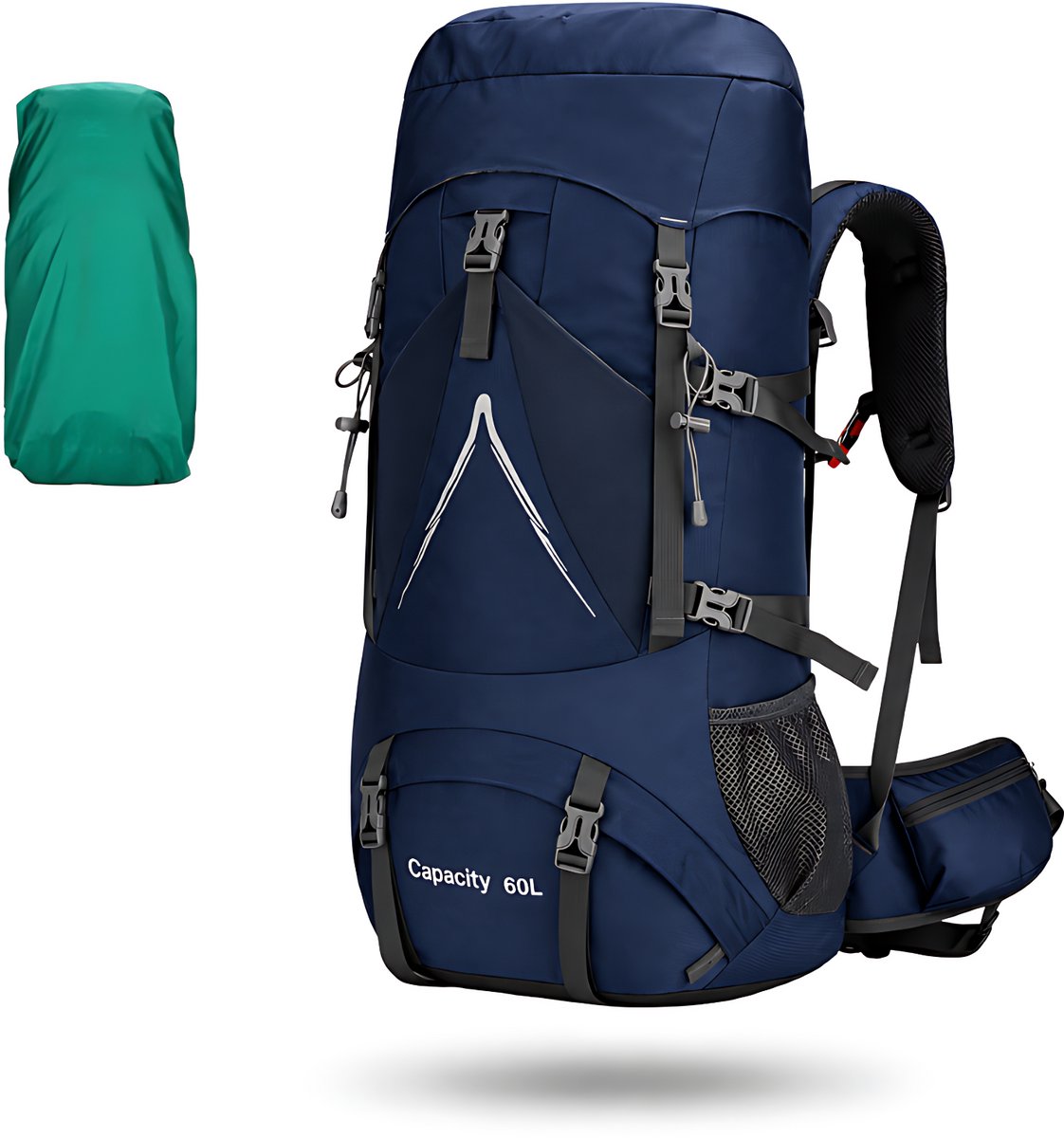 CarryQuest® 60L Wandelrugzak - Waterdichte Hiking Backpack met Regenhoes, Drinksysteem, Schoenopbergvak & Heupvakken - Blauw