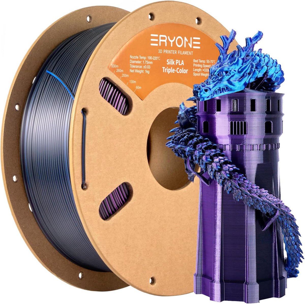 Zijde PLA Filament - 3D Print Materiaal - Modellen Printen - Drie Kleuren Effect - 1KG Spoel - Blauw Paars Zwart